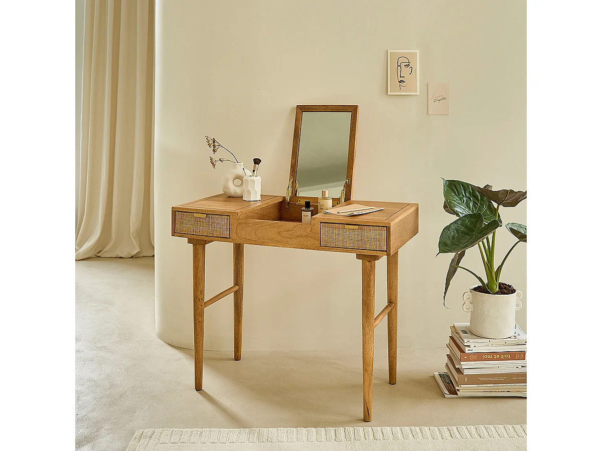 Toeletta in legno massello di mango e cannage