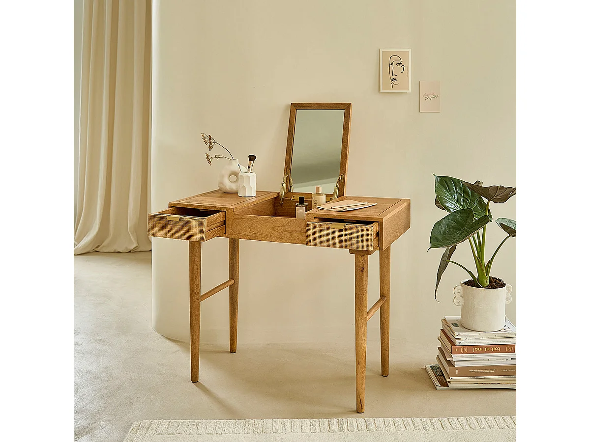 Toeletta in legno massello di mango e cannage