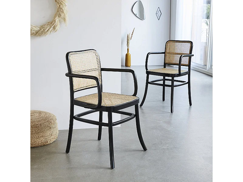 2 sedie in mogano massello e vimini con braccioli