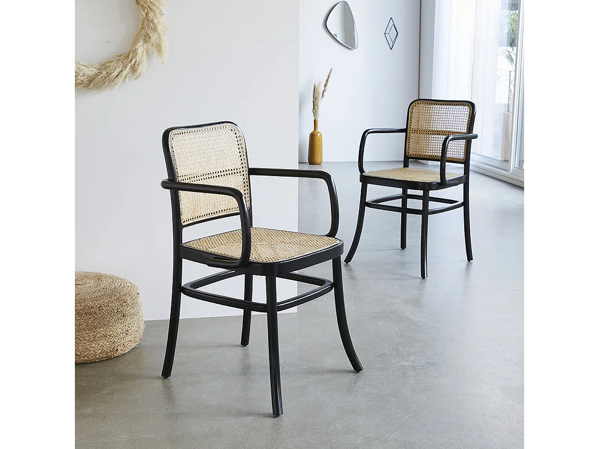 2 sedie in mogano massello e vimini con braccioli