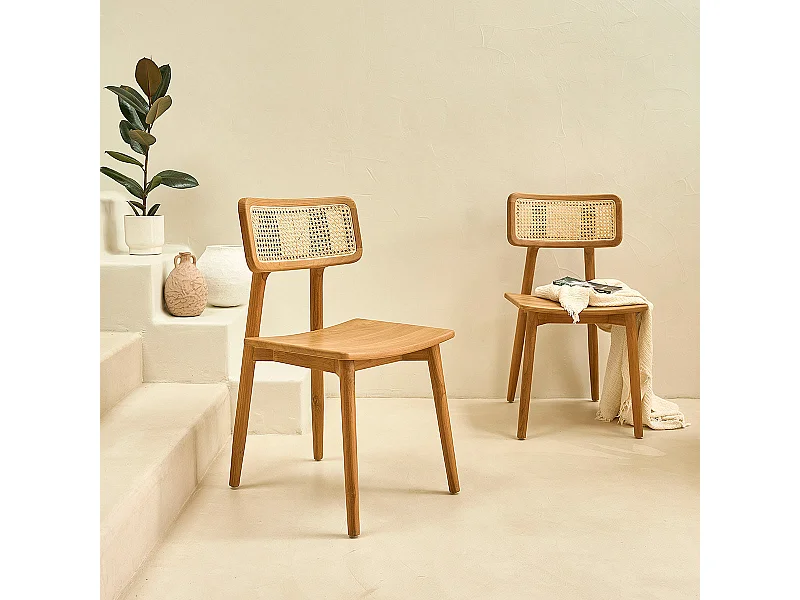 Juego de 2 sillas de madera de teca maciza y rejilla
