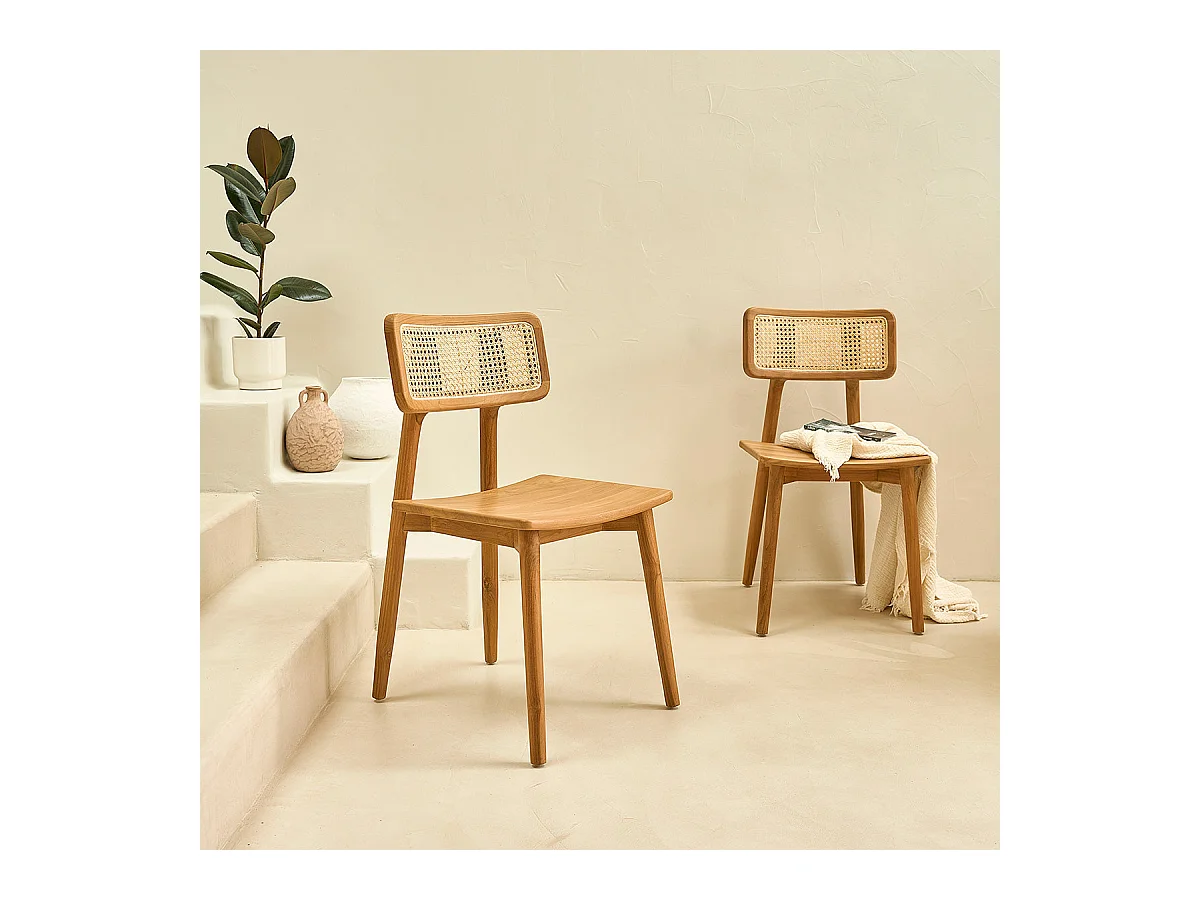 Lot de 2 chaises en teck massif et cannage