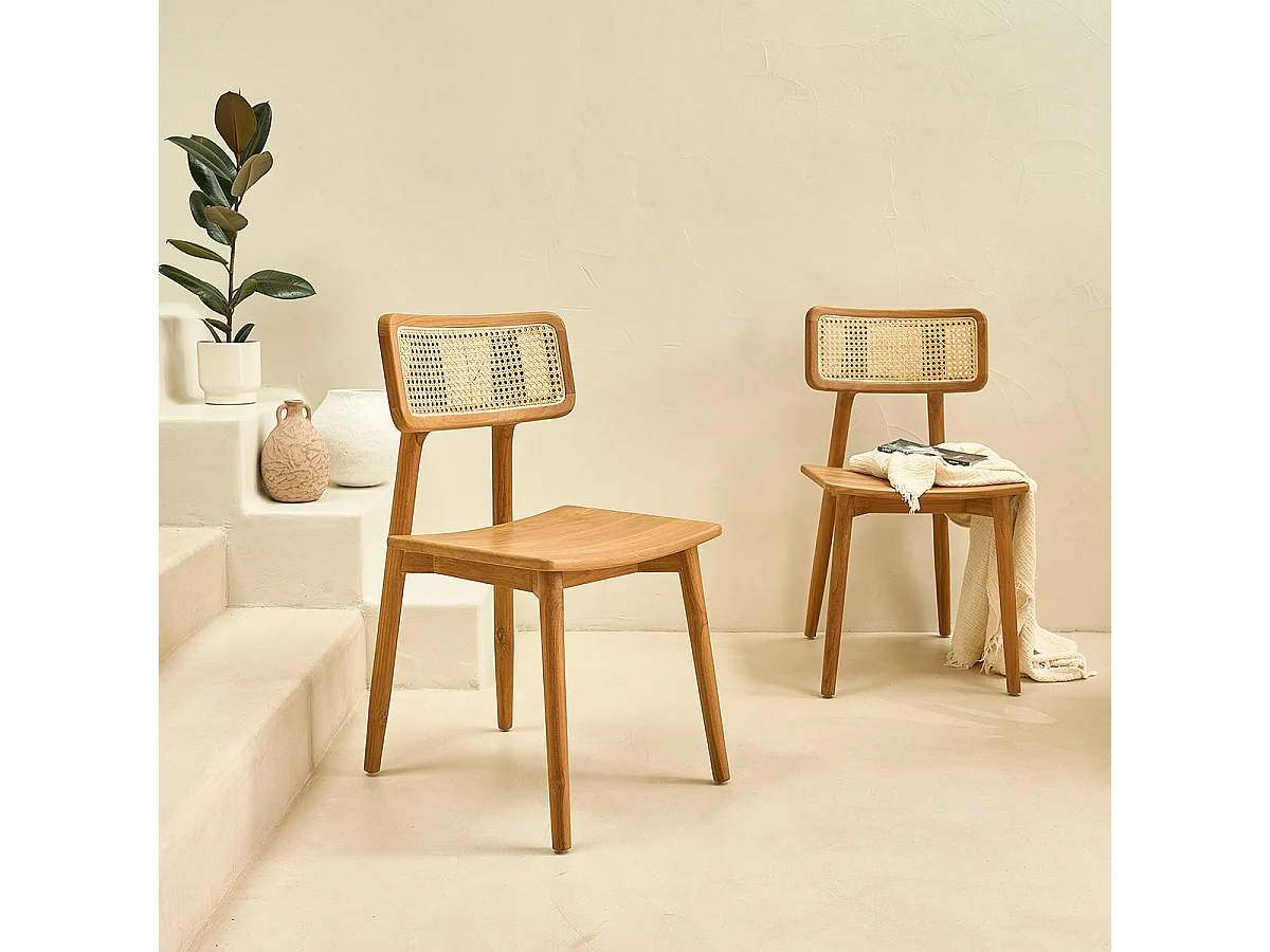 Lot de 2 chaises en teck massif et cannage
