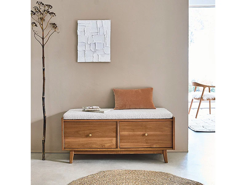 Panca in legno massello di teak e tessuto bouclé 120 cm