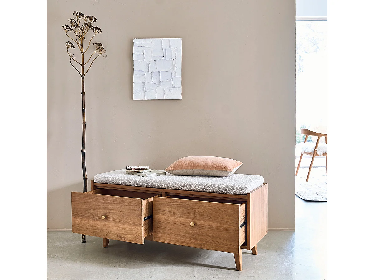 Banco de entrada de madera de teca maciza y tela rizada de 120 cm