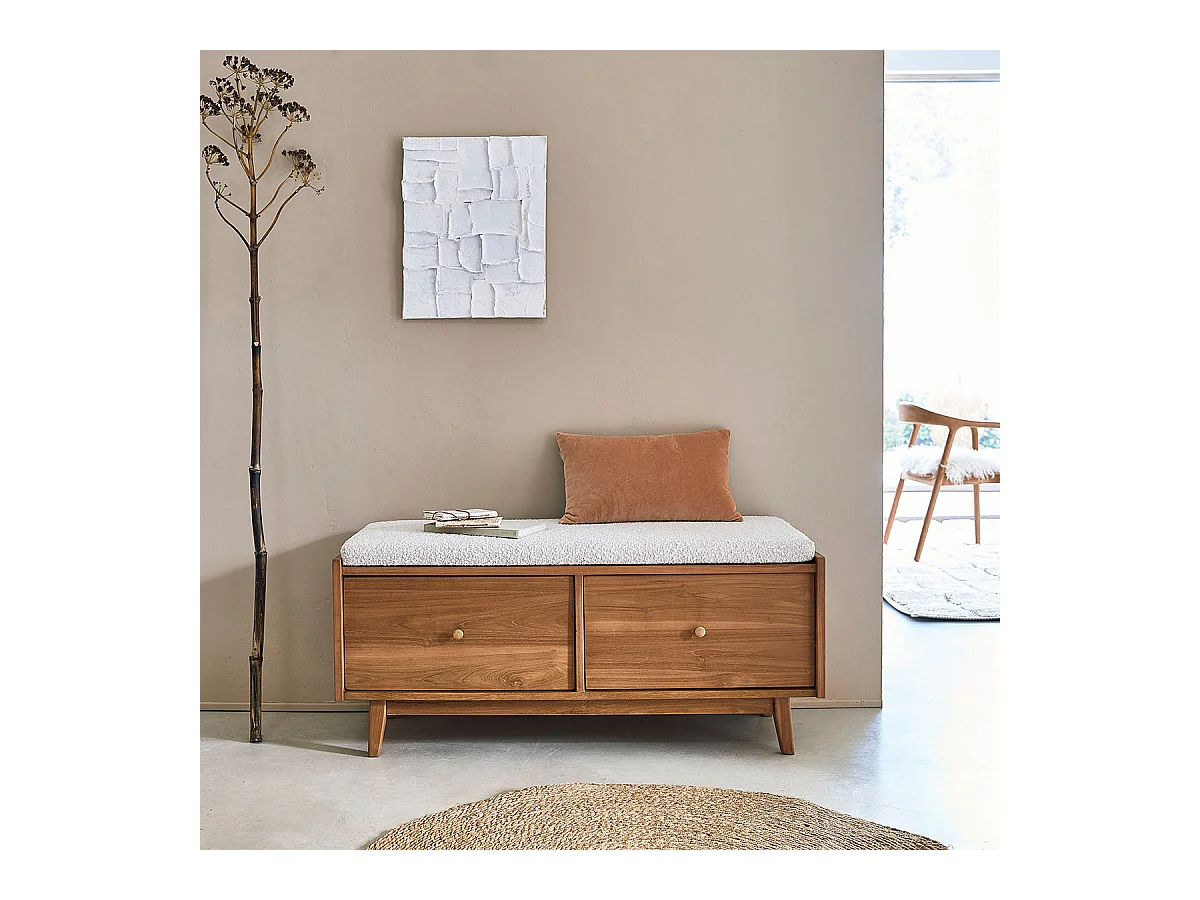Banc d'entrée en teck massif et tissu bouclette 120 cm
