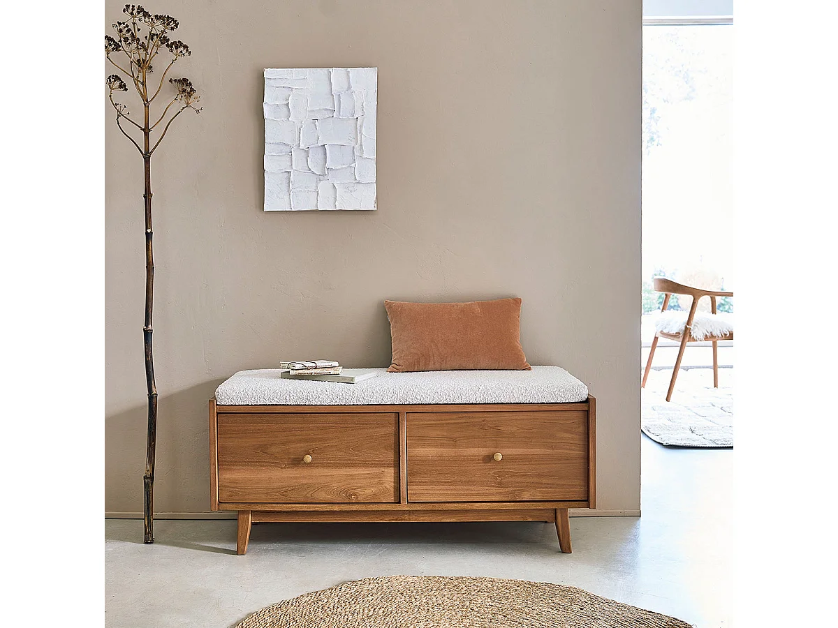 Banco de entrada de madera de teca maciza y tela rizada de 120 cm
