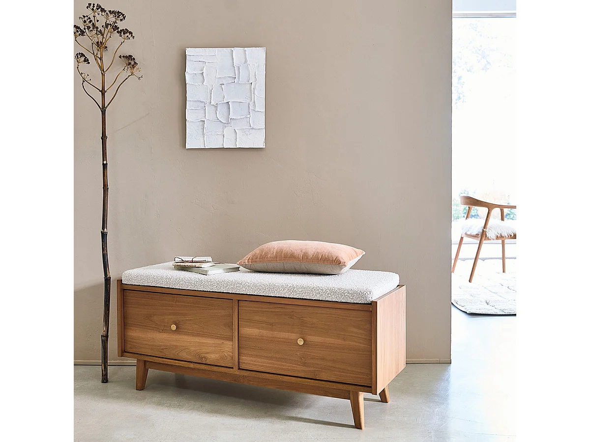 Banco de entrada de madera de teca maciza y tela rizada de 120 cm