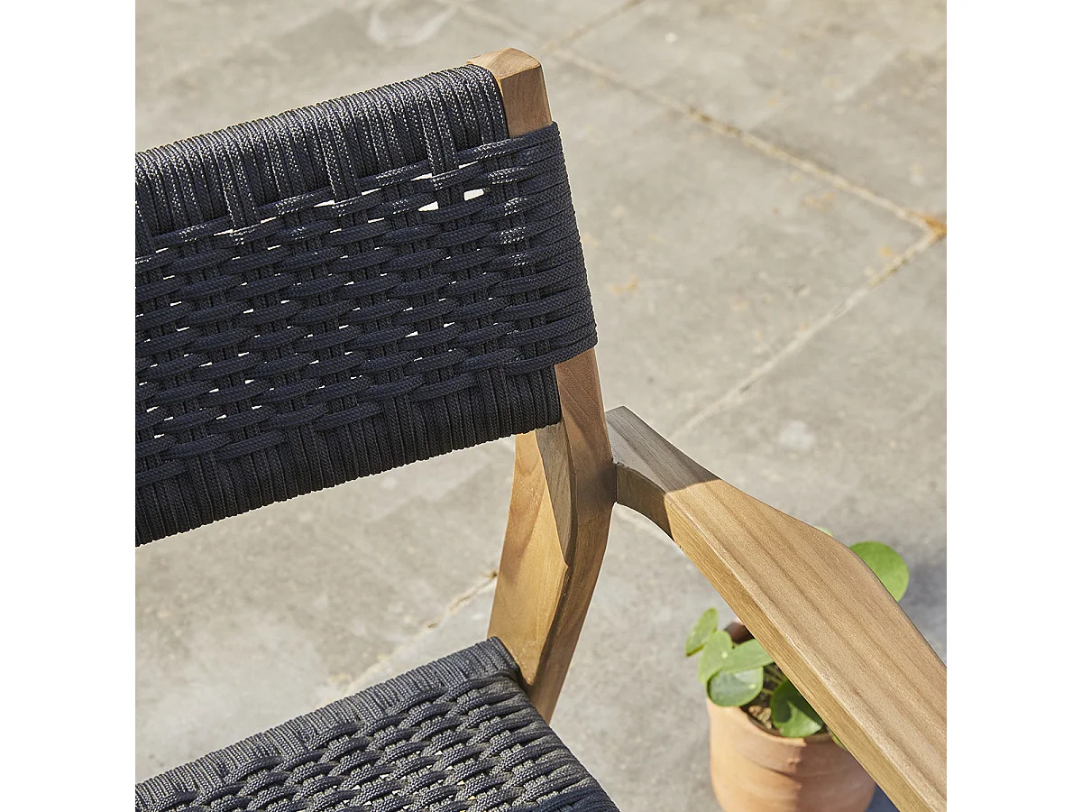 Sillón de jardín de madera de teca maciza y cuerda marrón y negro