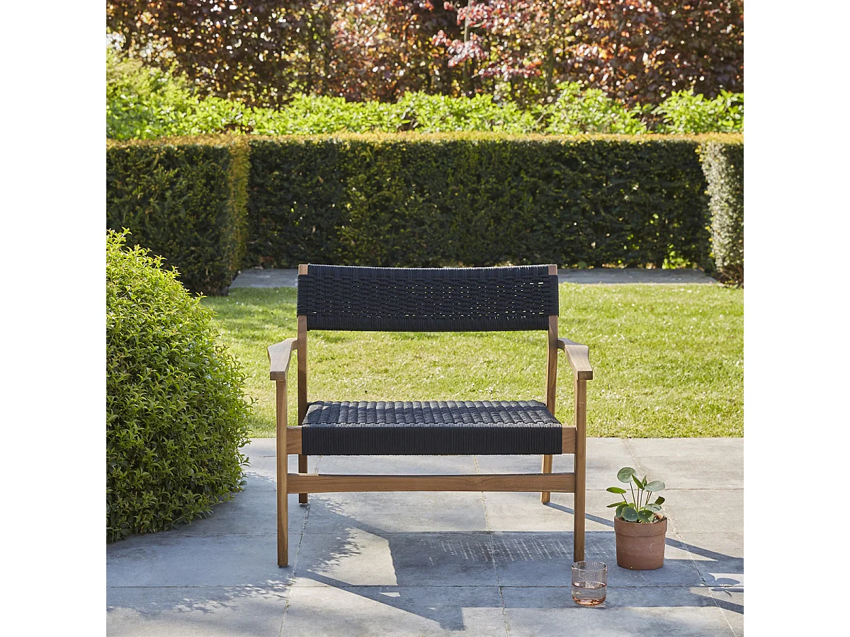 Sillón de jardín de madera de teca maciza y cuerda marrón y negro