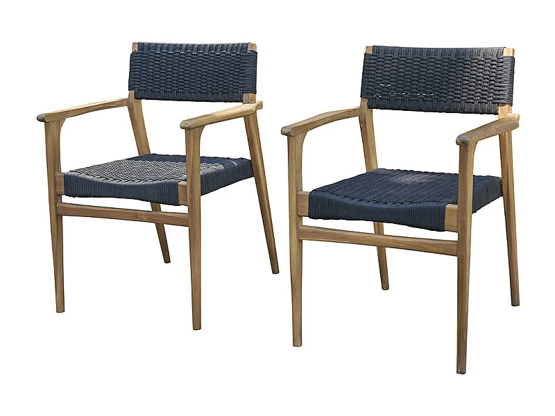 2 sillones de jardín de madera teca maciza y cuerda negros
