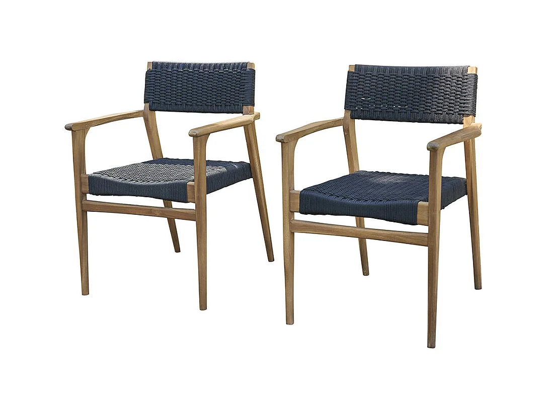 Lot de 2 fauteuils de jardin en teck massif et cordage noir