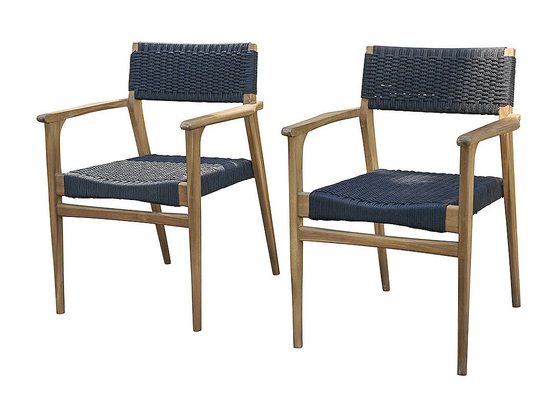 2 sillones de jardín de madera teca maciza y cuerda negros
