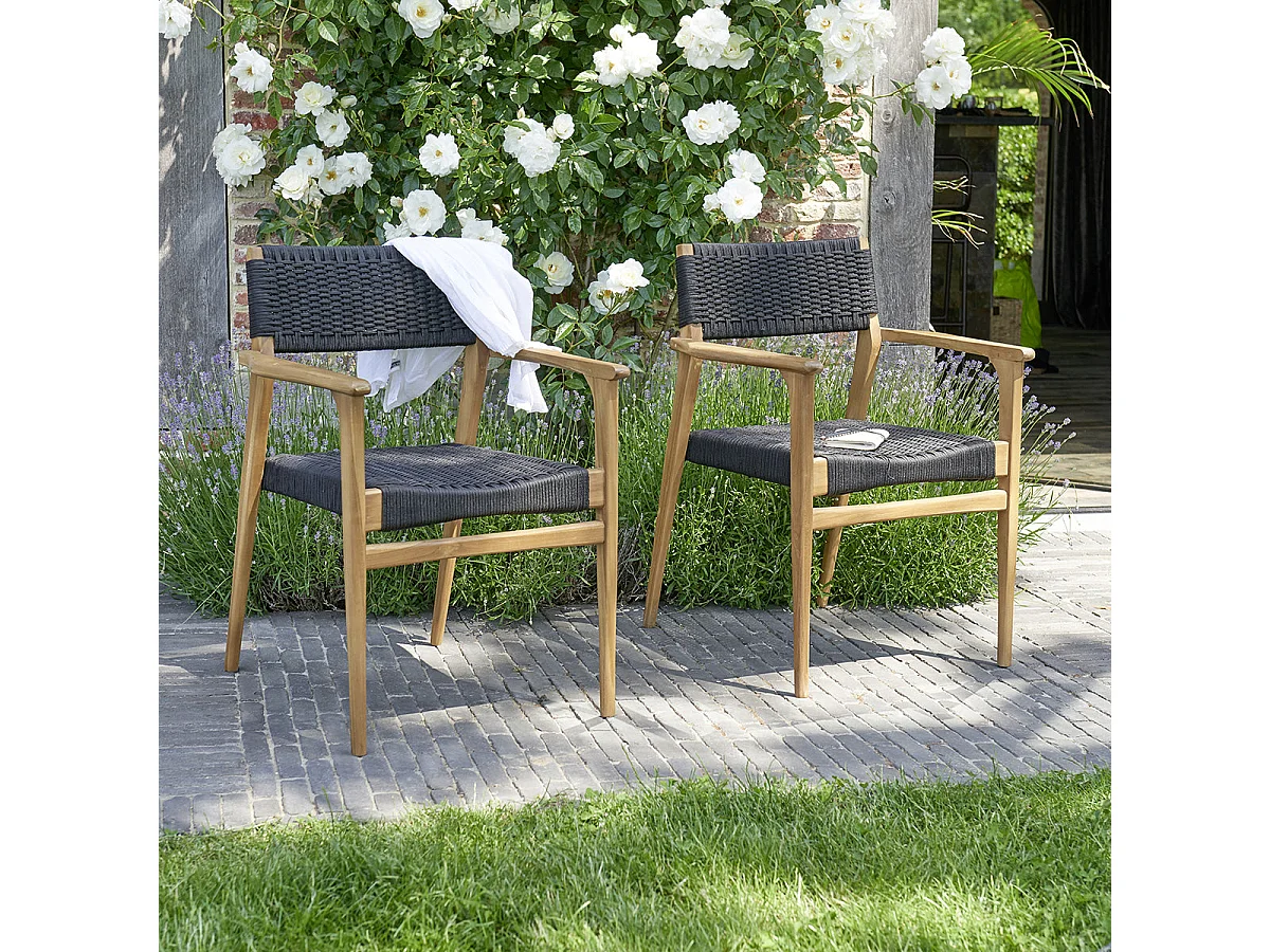Lot de 2 fauteuils de jardin en teck massif et cordage