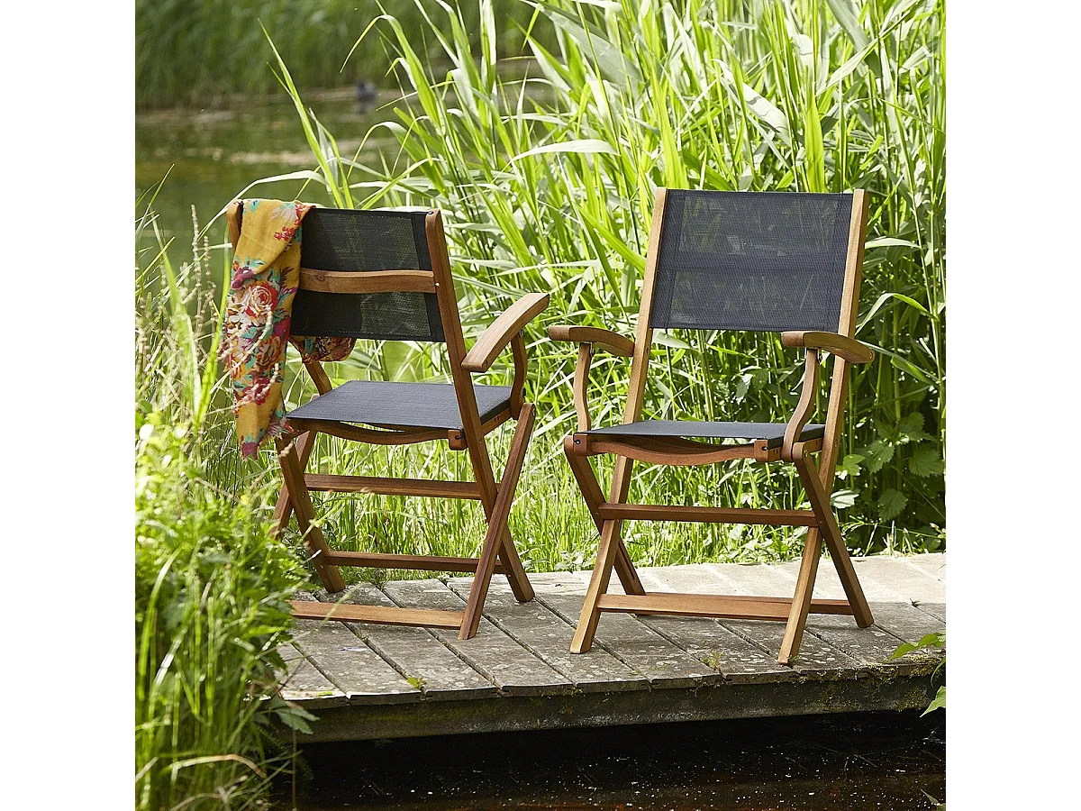 Lot de 2 fauteuils de jardin en acacia et textilène pliant