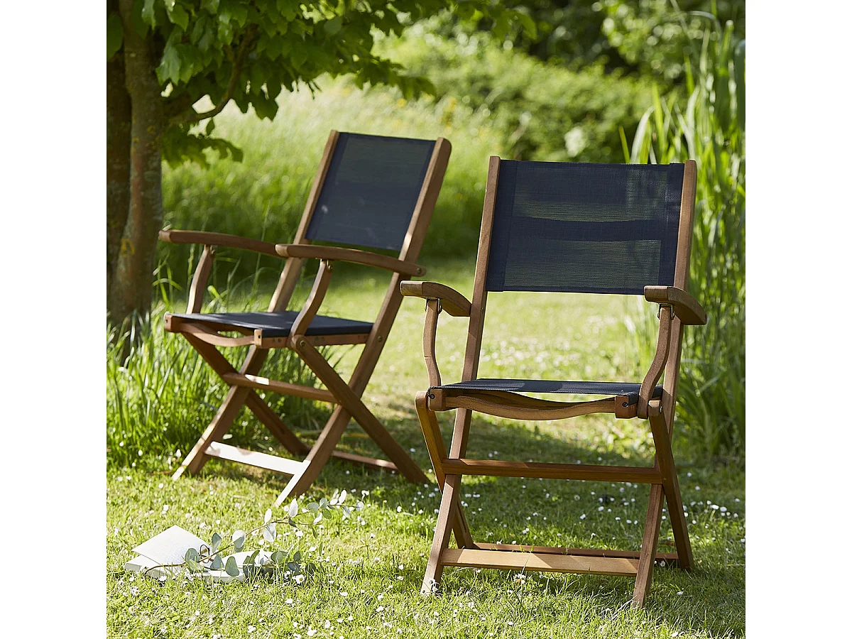 Lot de 2 fauteuils de jardin en acacia et textilène pliant