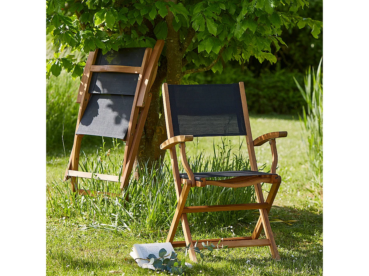 Lot de 2 fauteuils de jardin en acacia et textilène pliant
