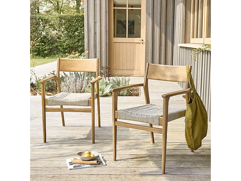 Lot de 2 fauteuils de jardin en teck massif et cordage beige
