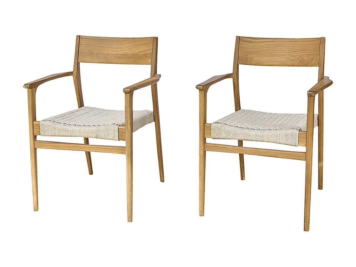Lot de 2 fauteuils de jardin en teck massif et cordage beige