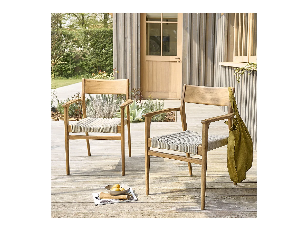 Fauteuil de jardin en teck massif et cordage beige (lot de 2)