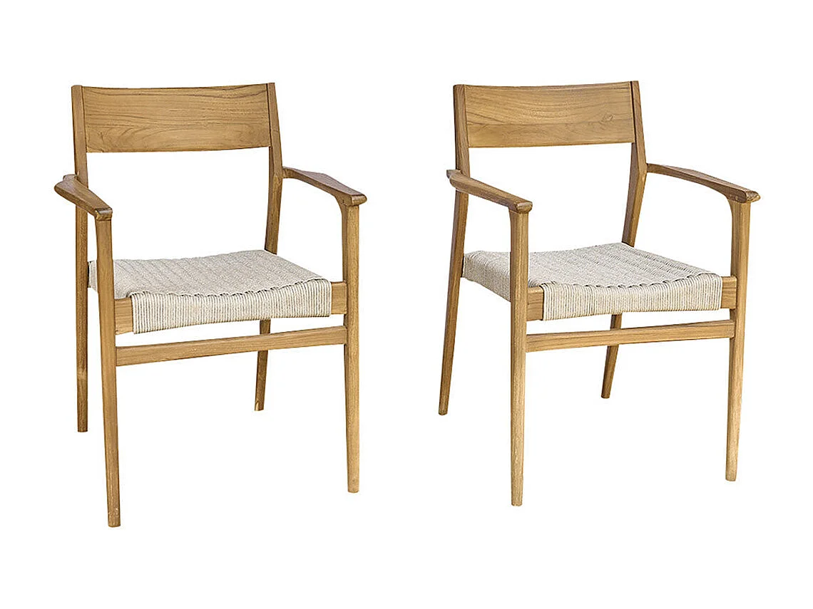Sillón de jardín de teca maciza y cuerda beige (lote de 2)