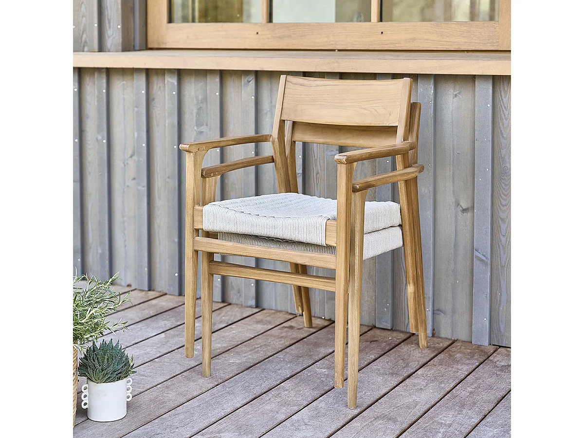 Sillón de jardín de teca maciza y cuerda beige (lote de 2)