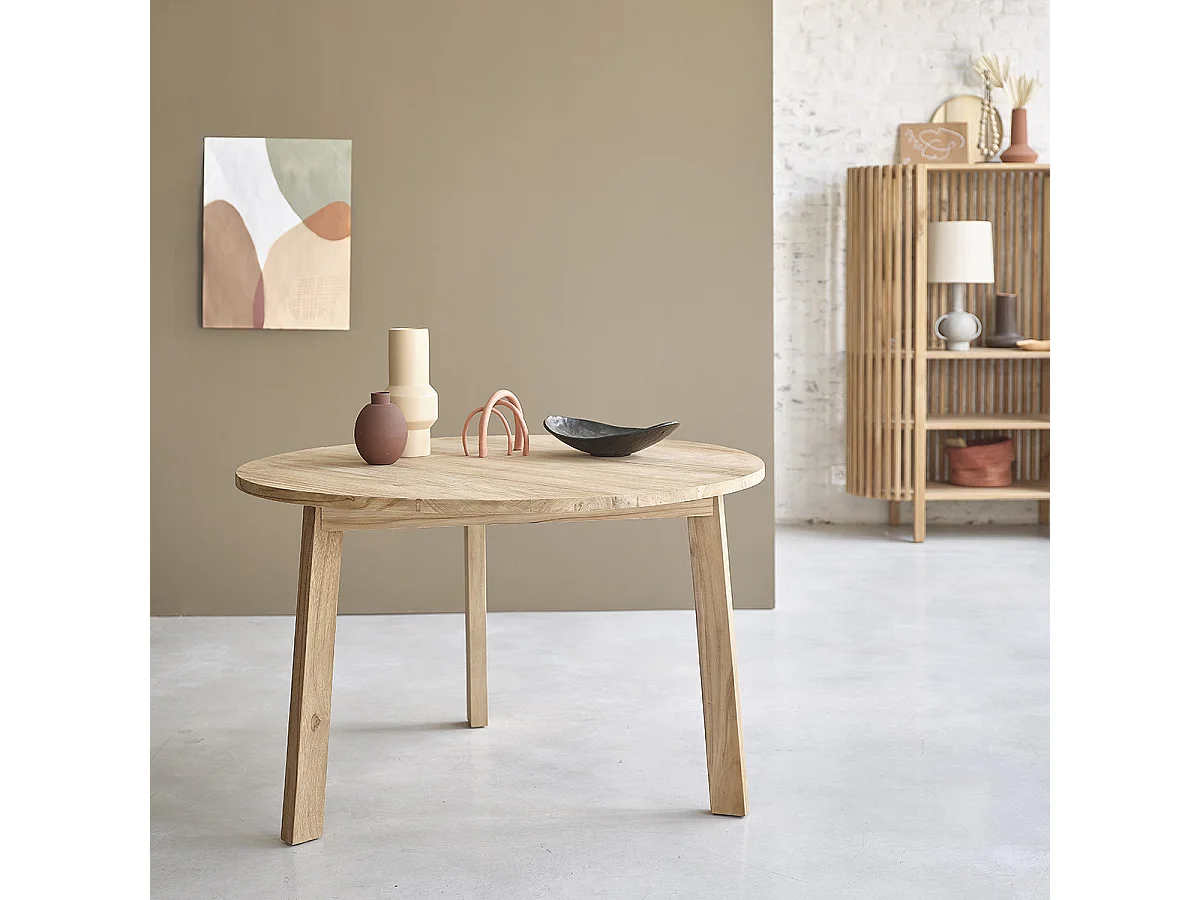 Mesa de comedor redonda de madera teca maciza para 4 personas