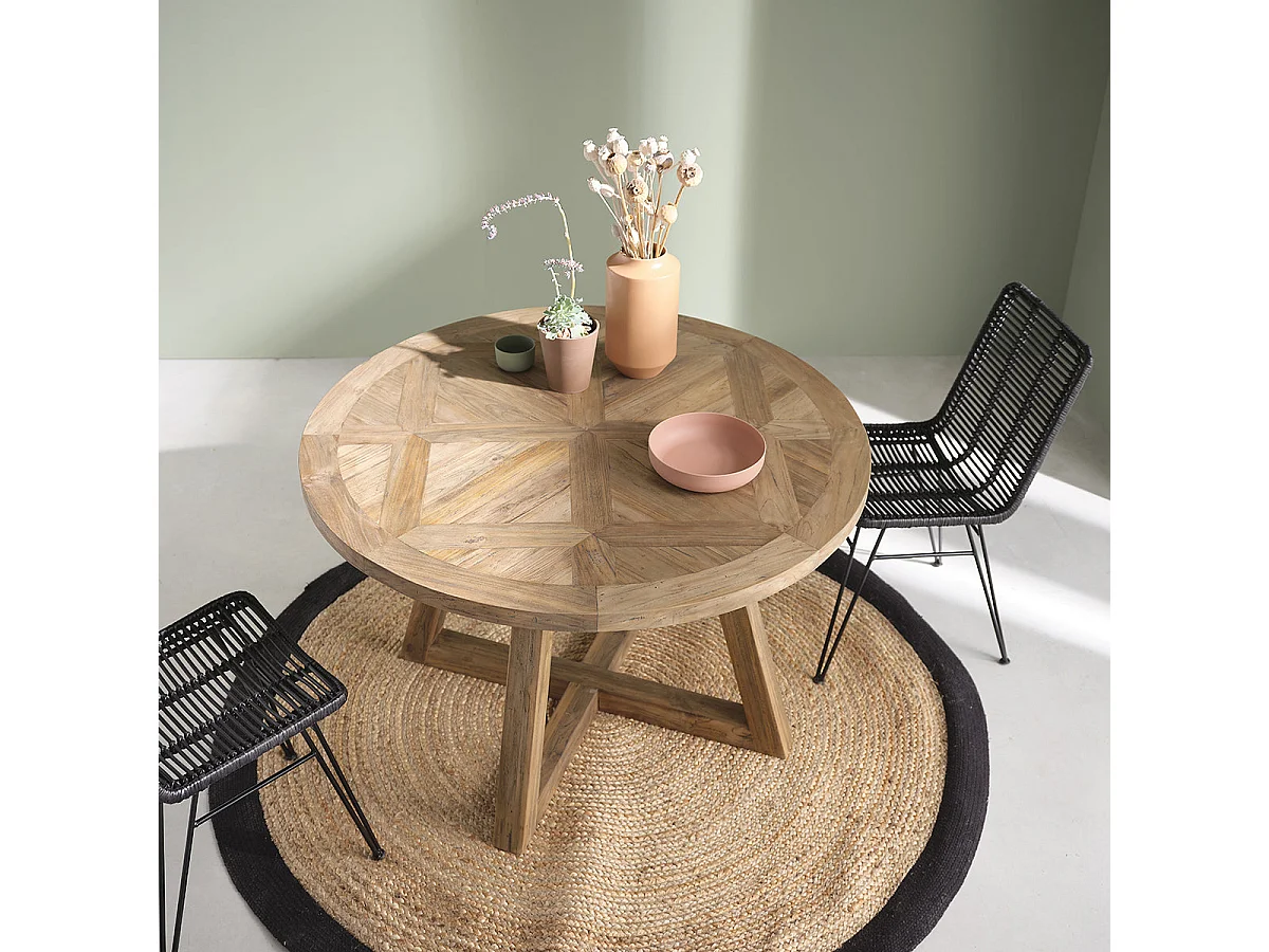 Mesa de comedor redonda de madera teca reciclada maciza para 4 personas
