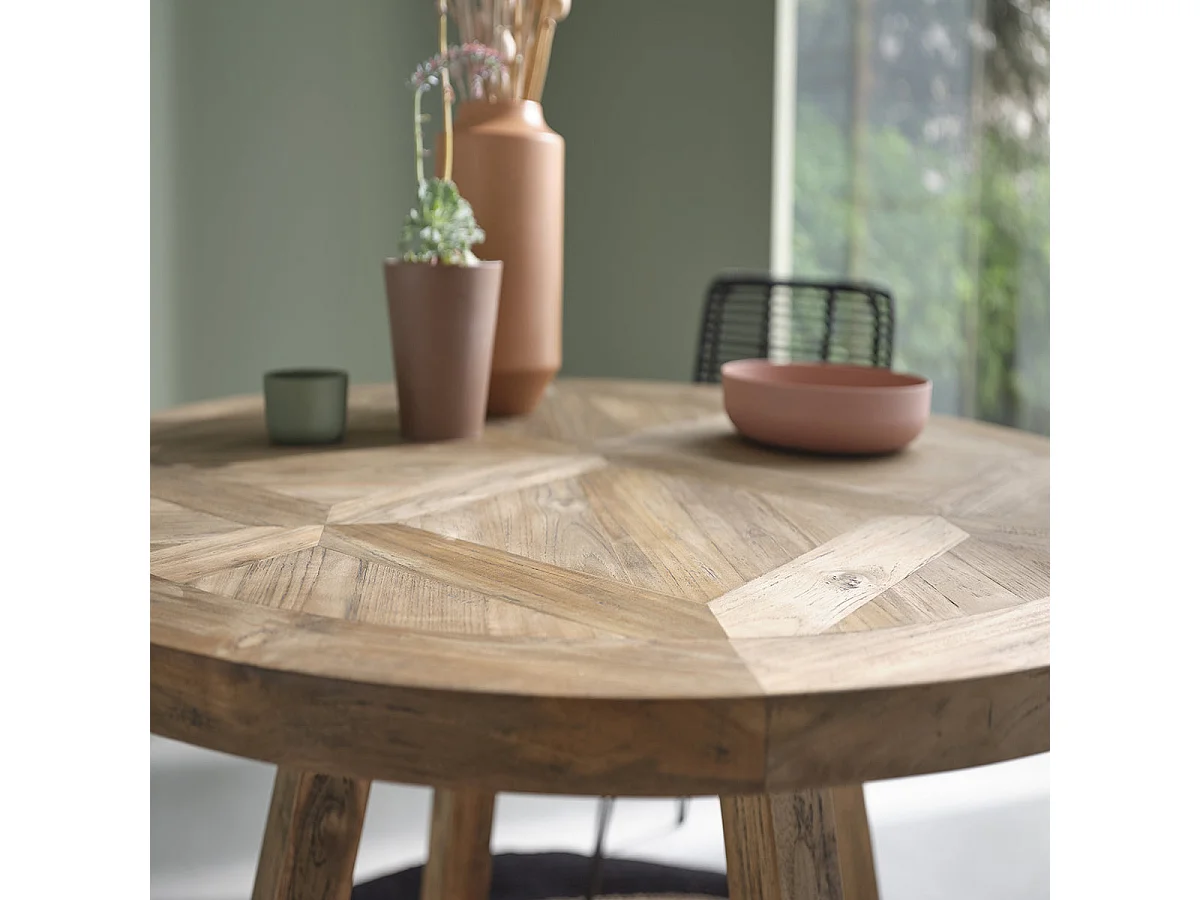 Mesa de comedor redonda de madera teca reciclada maciza para 4 personas