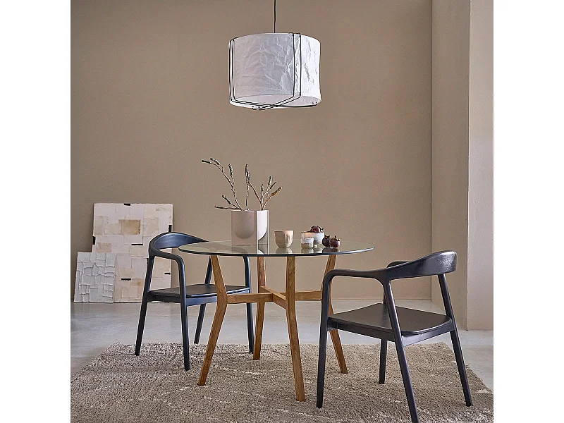 Mesa de comedor redonda de madera teca maciza y vidrio para 4 personas