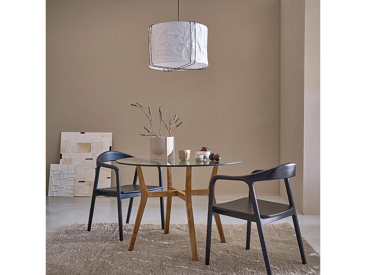 Mesa de comedor redonda de madera teca maciza y vidrio para 4 personas