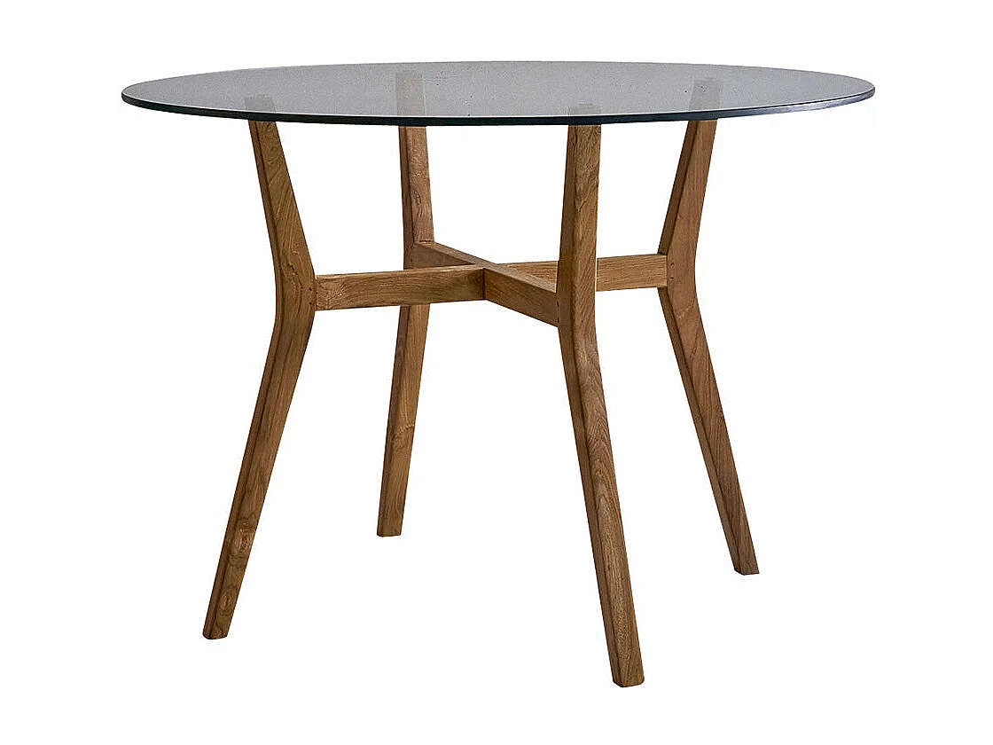 Mesa de comedor redonda de madera teca maciza y vidrio para 4 personas