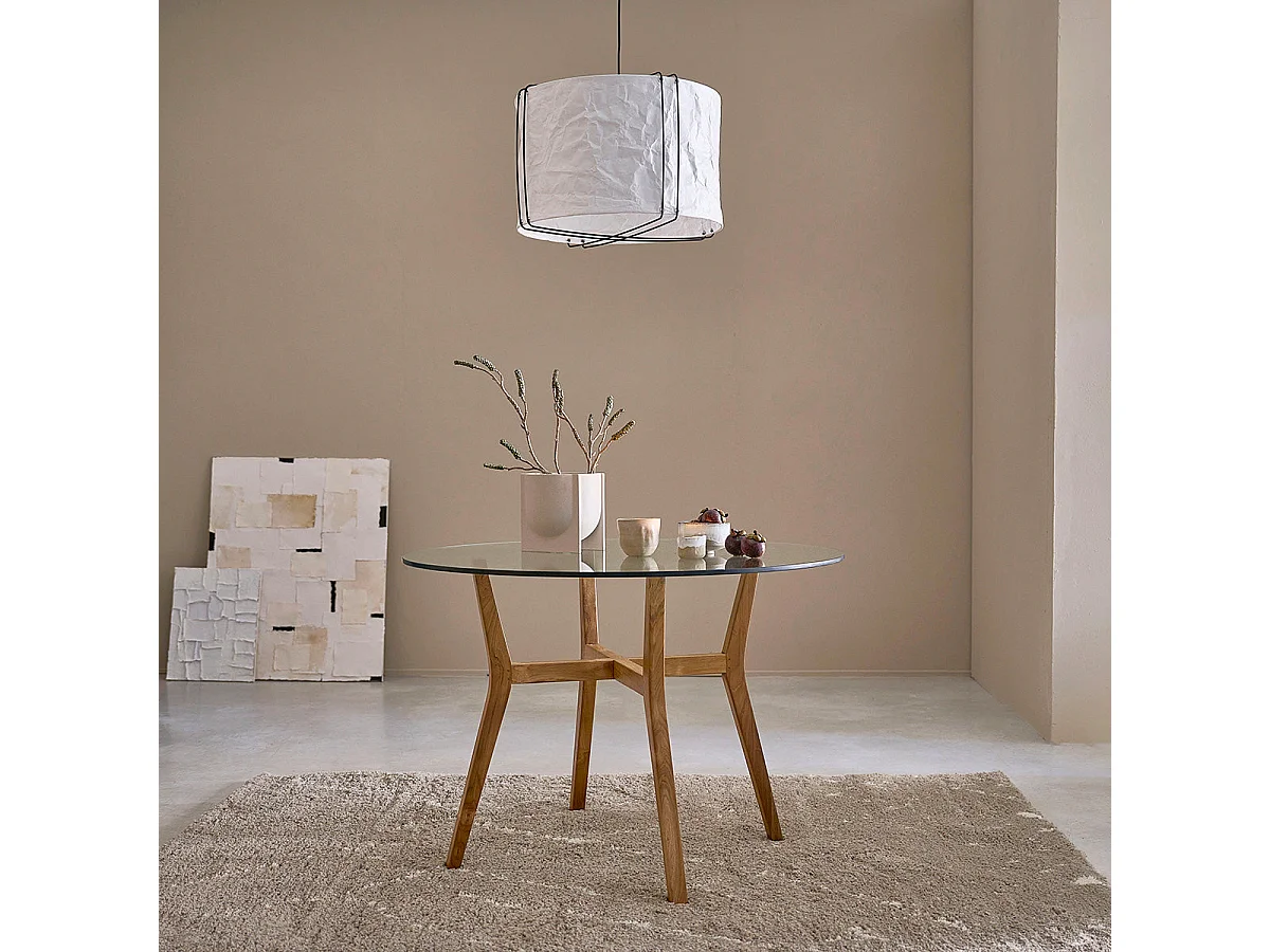 Mesa de comedor redonda de madera teca maciza y vidrio para 4 personas