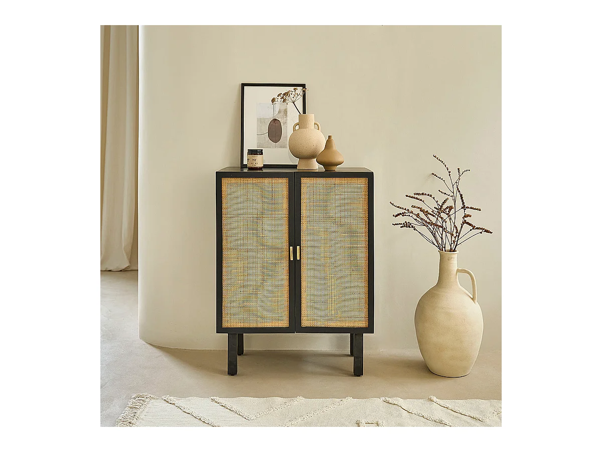 Buffet in mango massello nero e vimini