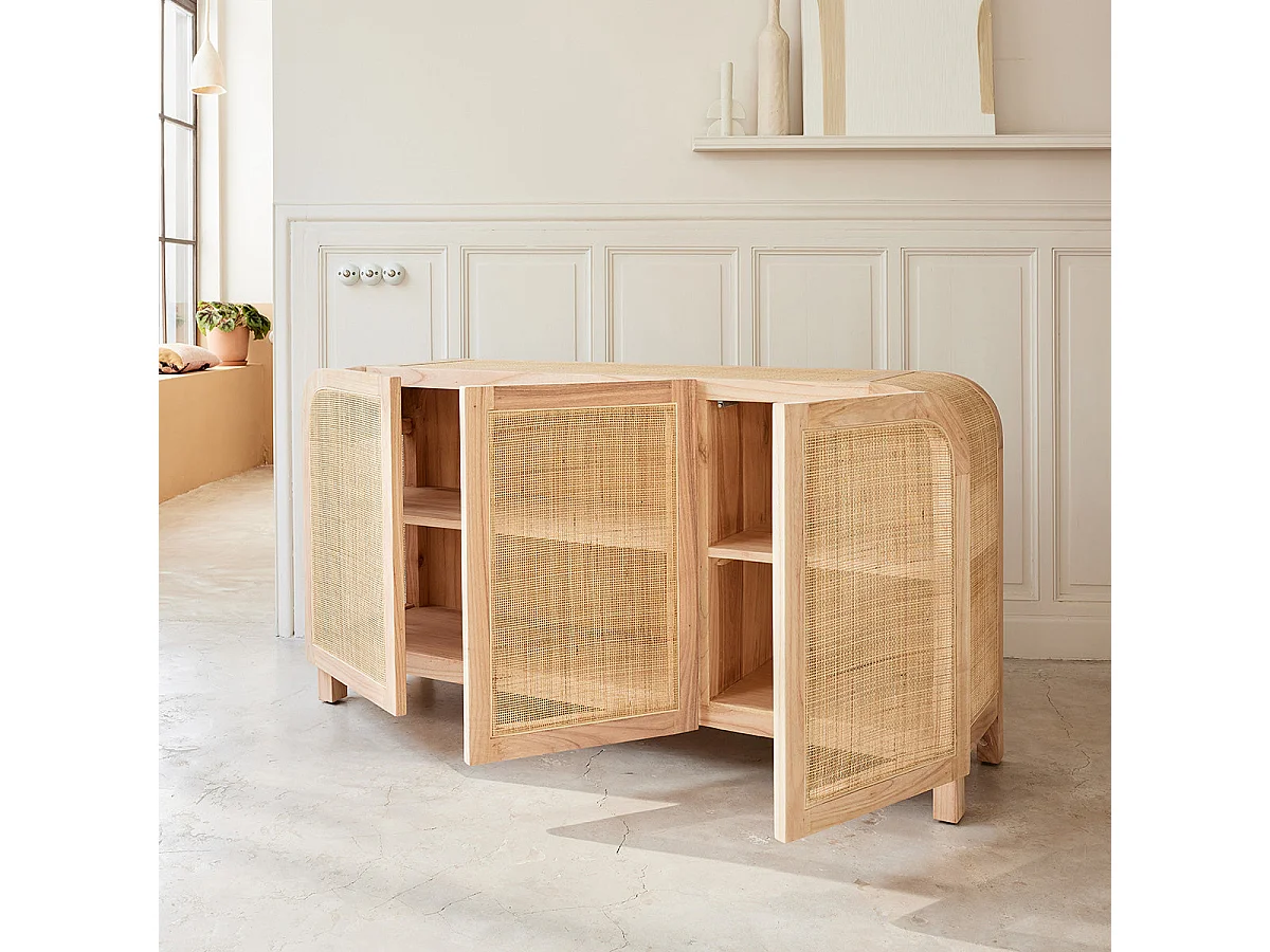 Aparador de madera de mindi maciza y rejilla de 150 cm