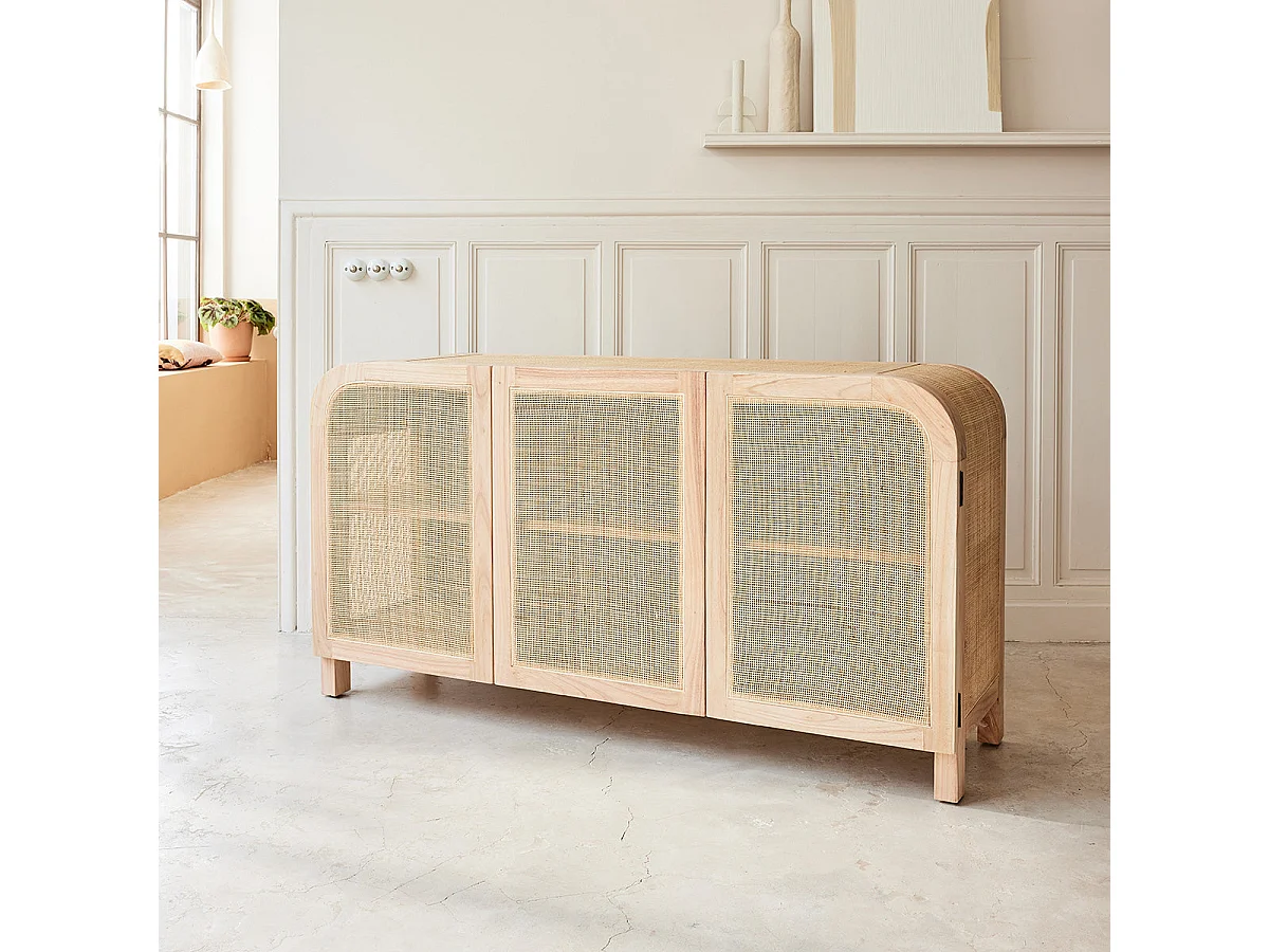 Aparador de madera de mindi maciza y rejilla de 150 cm