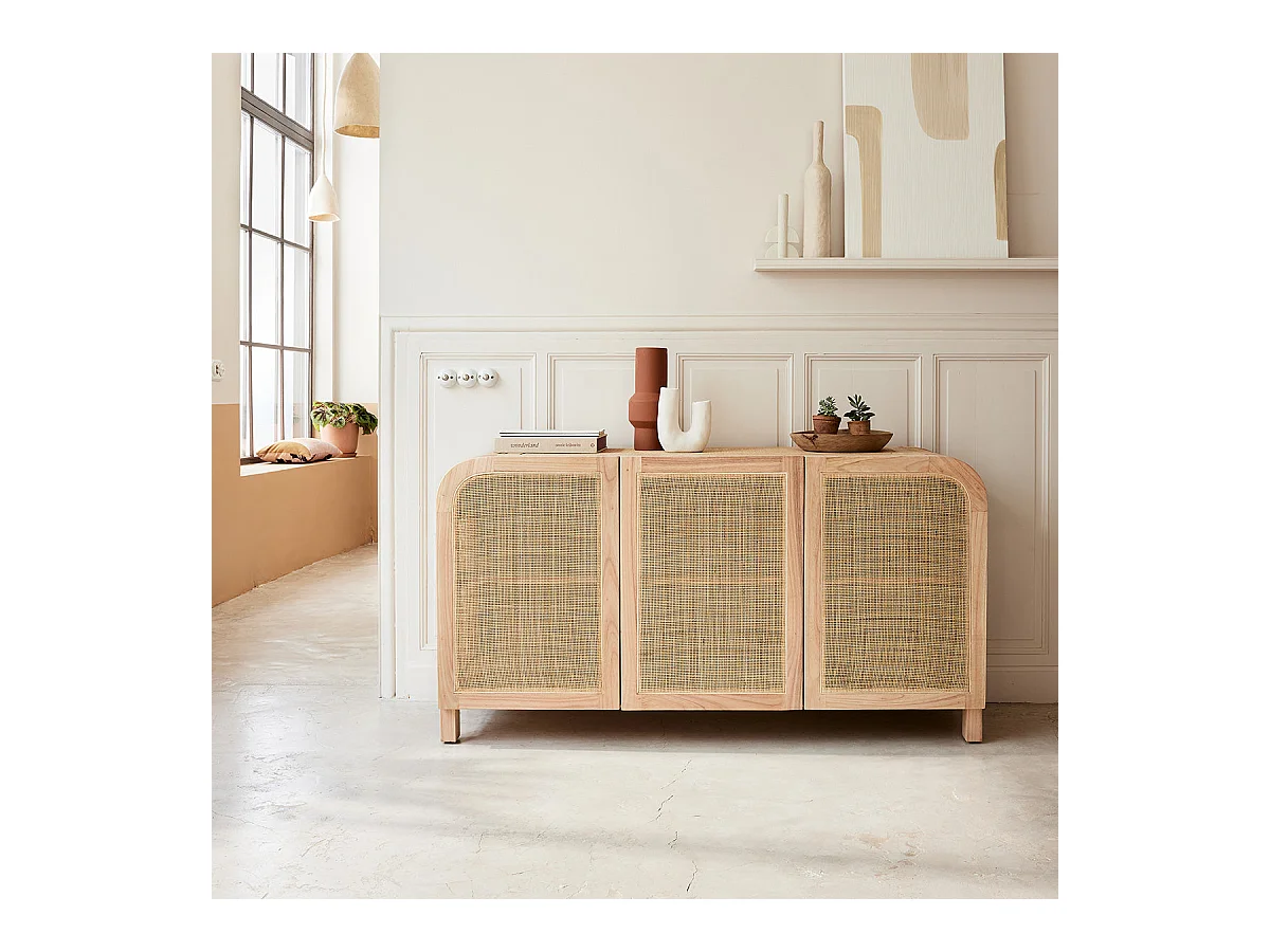 Buffet en mindi massif et cannage 150 cm