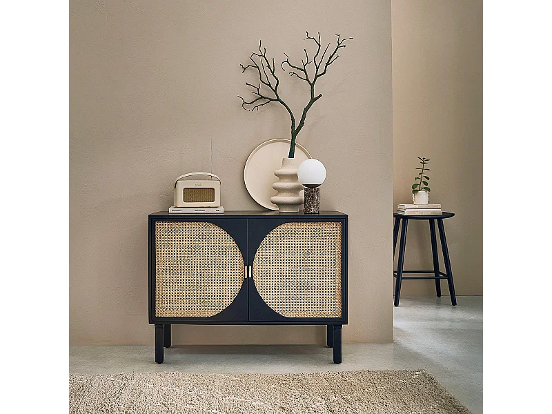 Aparador de madera de mango maciza negra y rejilla de 100 cm