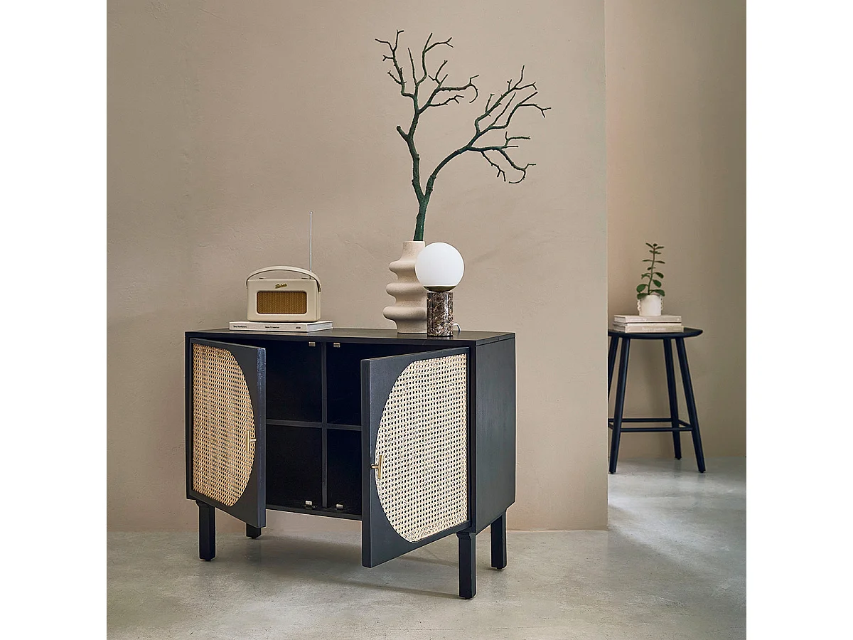 Buffet en bois massif et cannage 100 cm 2 portes