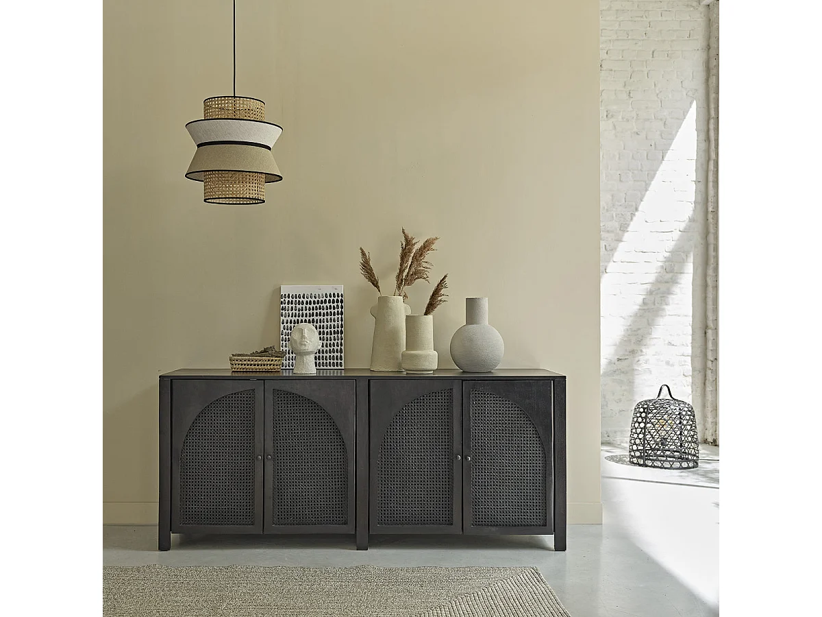 Buffet in mango massello e vimini nero 175 cm