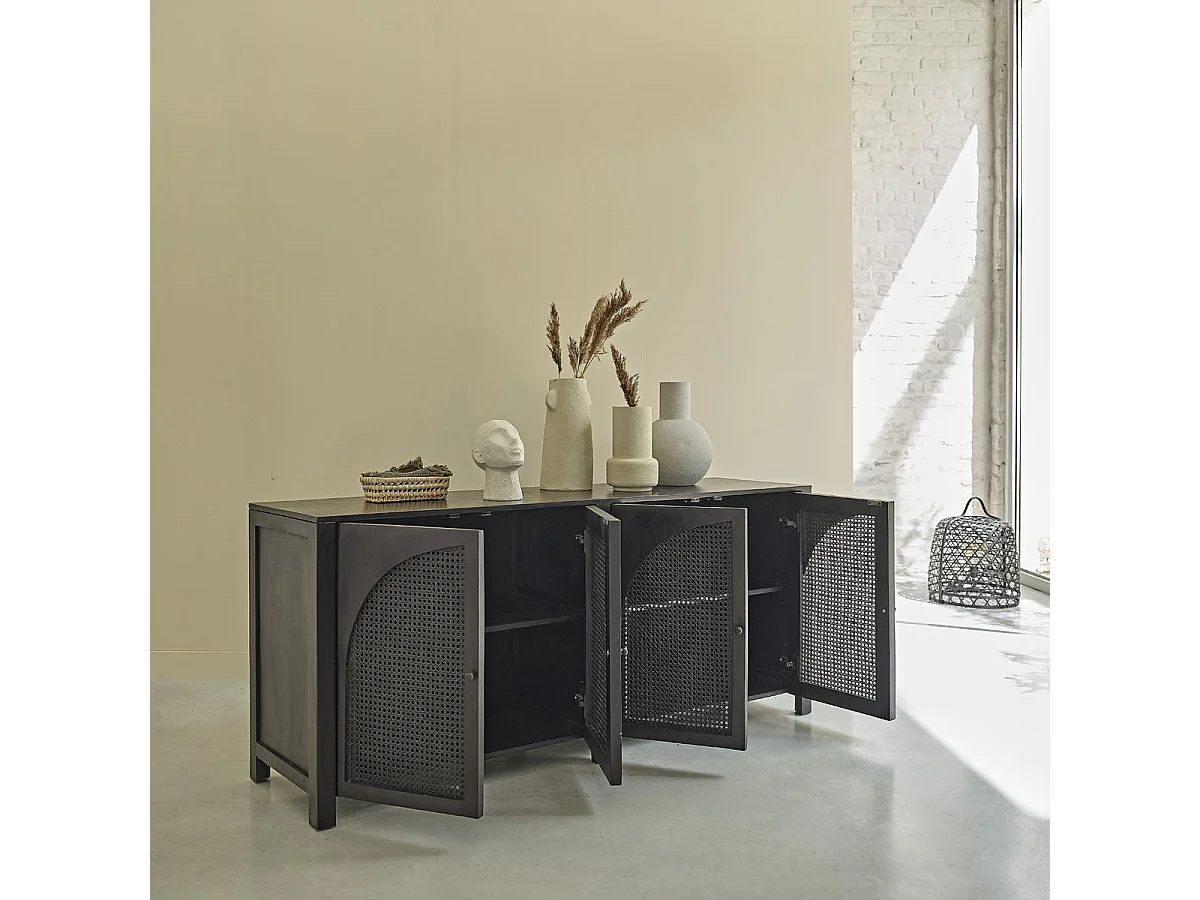 Buffet in mango massello e vimini nero 175 cm