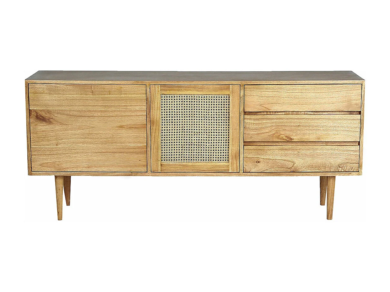 Buffet 2 portes et 3 tiroirs, en bois de mindi massif et cannage