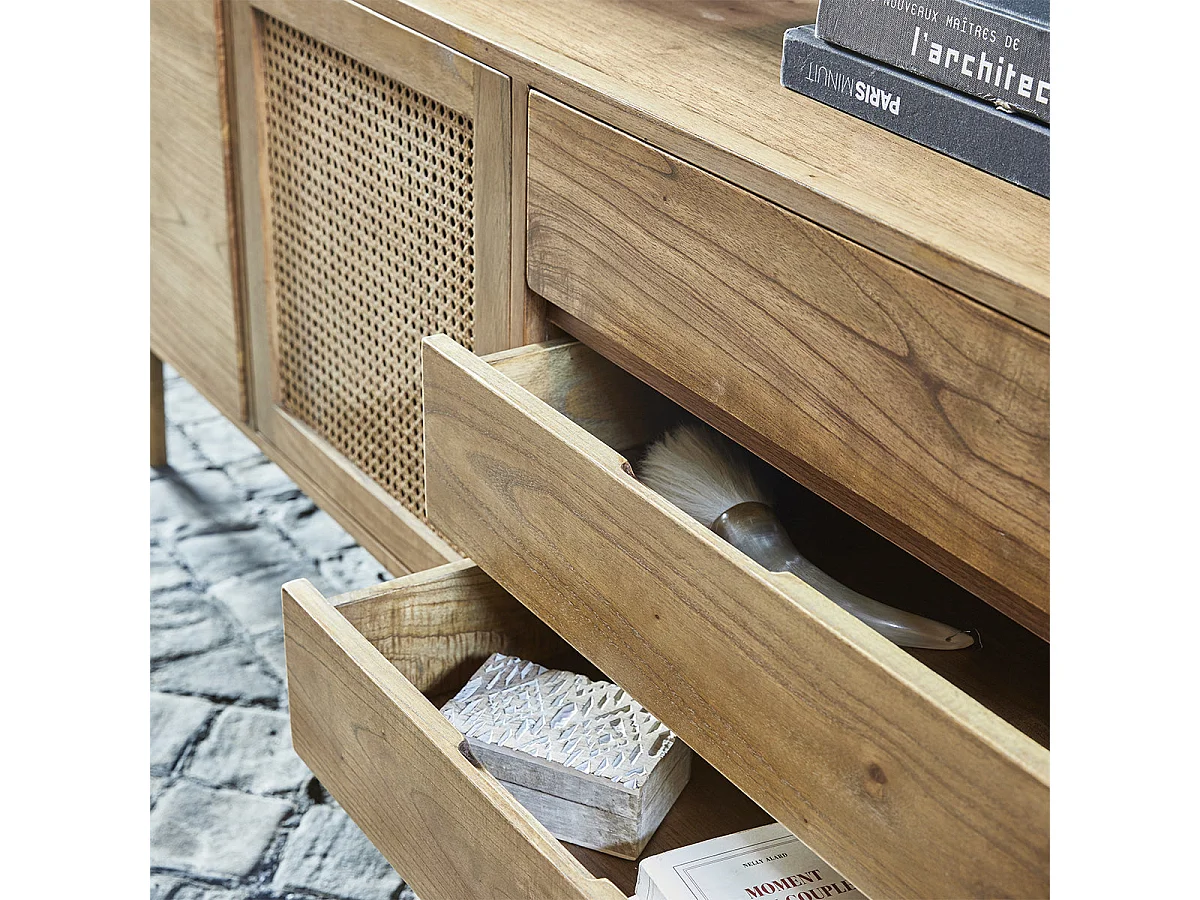 Buffet 2 portes et 3 tiroirs, en bois de mindi massif et cannage