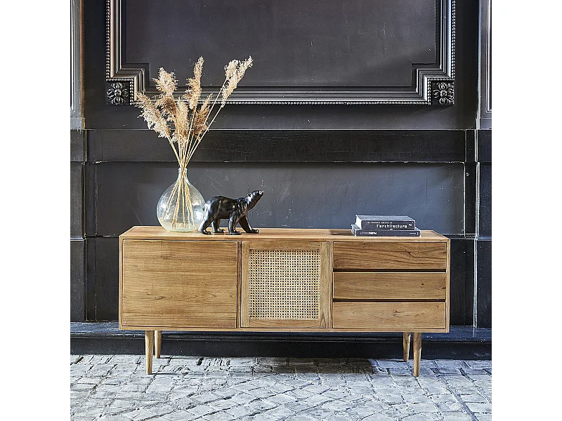 Buffet 2 portes et 3 tiroirs, en bois de mindi massif et cannage