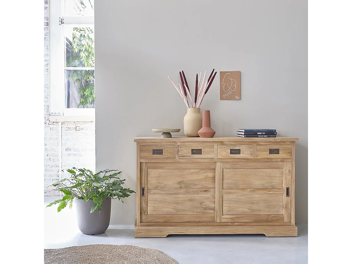 Buffet en teck massif 150 cm 2 portes 4 tiroirs
