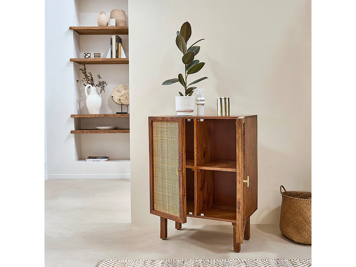 Buffet in mango massello finitura noce e vimini 68 cm