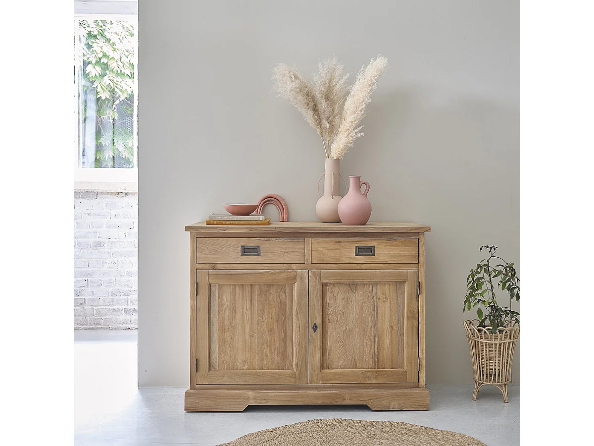 Buffet en teck massif 120 cm 2 portes 2 tiroirs