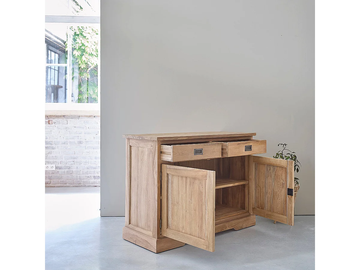 Buffet en teck massif 120 cm 2 portes 2 tiroirs