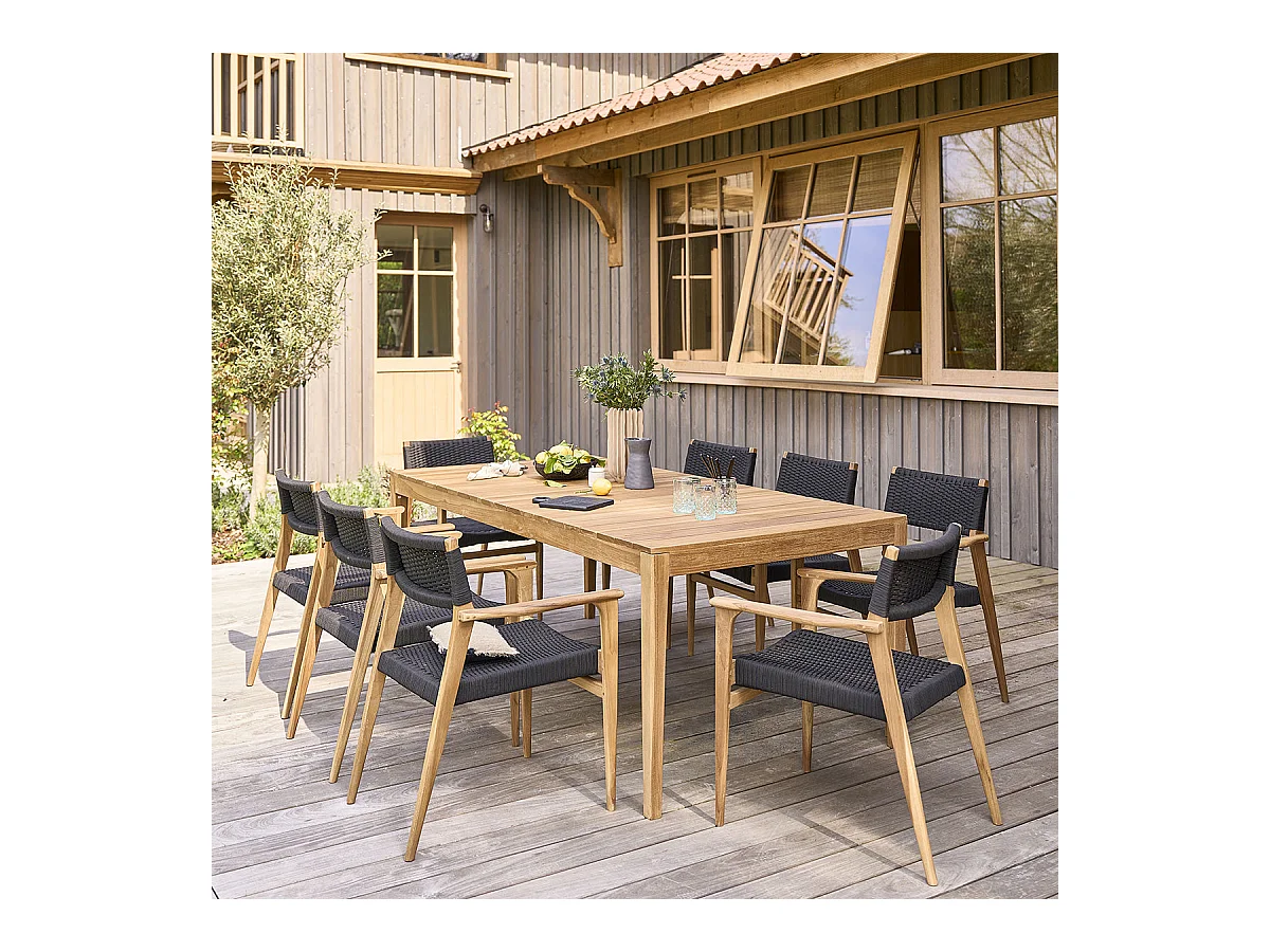 Salon de jardin en teck massif et cordage noir 8 places
