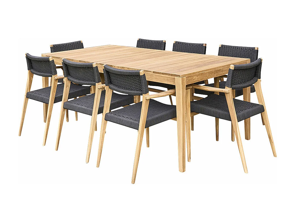 Salón de jardín de madera de teca maciza y cuerda negro 8 pers.